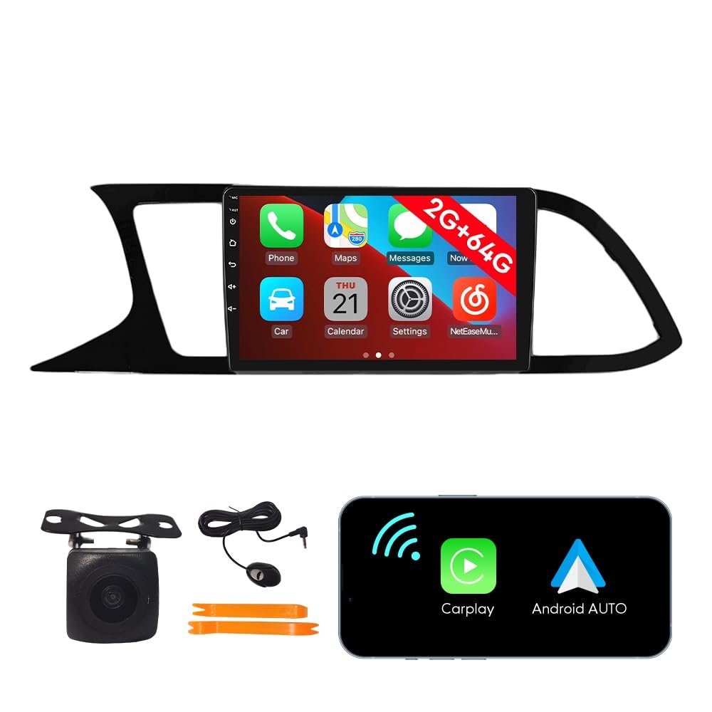 [2G 64G] Android Car Stereo FM Radio Carplay Android Auto 9" Touchscreen Headunit Media Player with Backup Camera for Seat Leon 2018 LHD UV Black