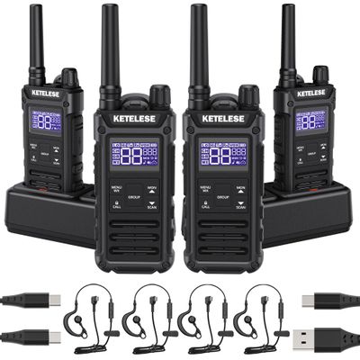 KETELESE T3G IP67 Waterproof Walkie Talkies Rechargeable, Heavy Duty 2 Way Radios with Earpiece and Mic, Dock, USB, NOAA Weather Alert, Group PTT (4 Pack), Black/Grey
