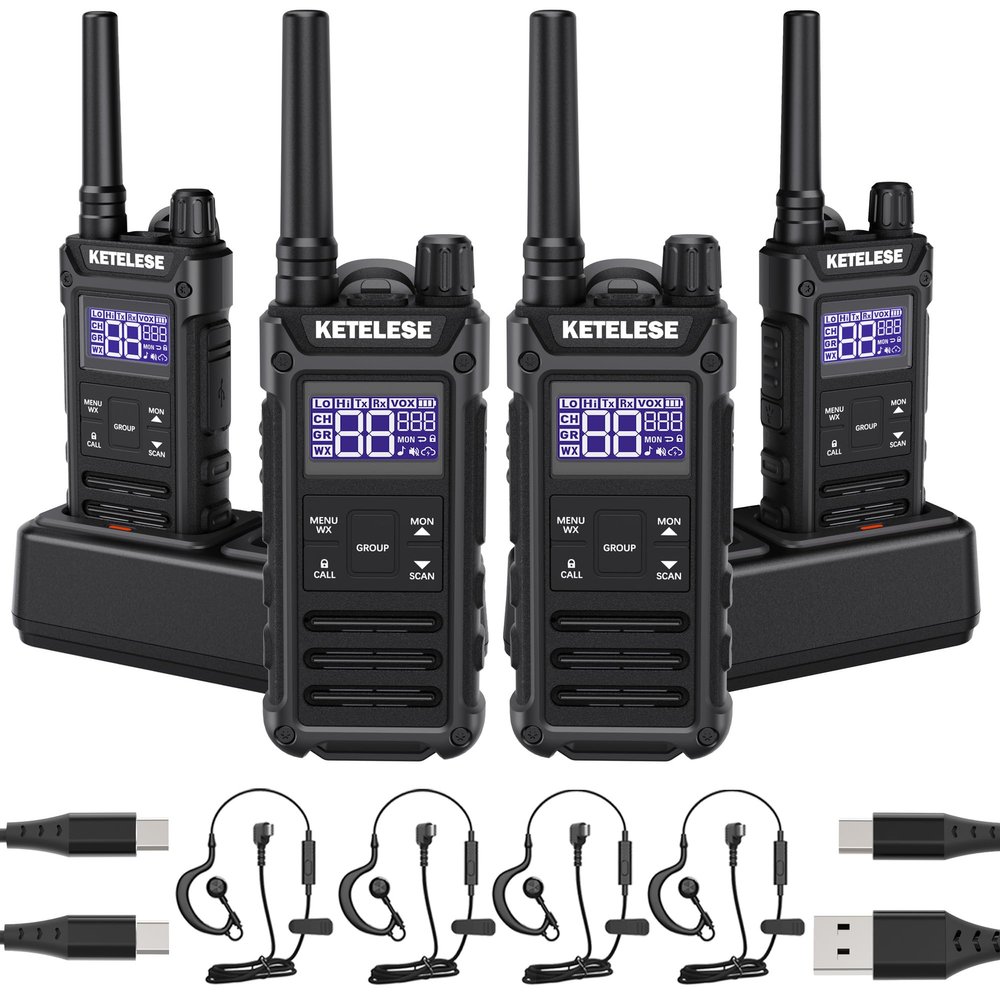 KETELESE T3G IP67 Waterproof Walkie Talkies Rechargeable, Heavy Duty 2 Way Radios with Earpiece and Mic, Dock, USB, NOAA Weather Alert, Group PTT (4 Pack), Black/Grey