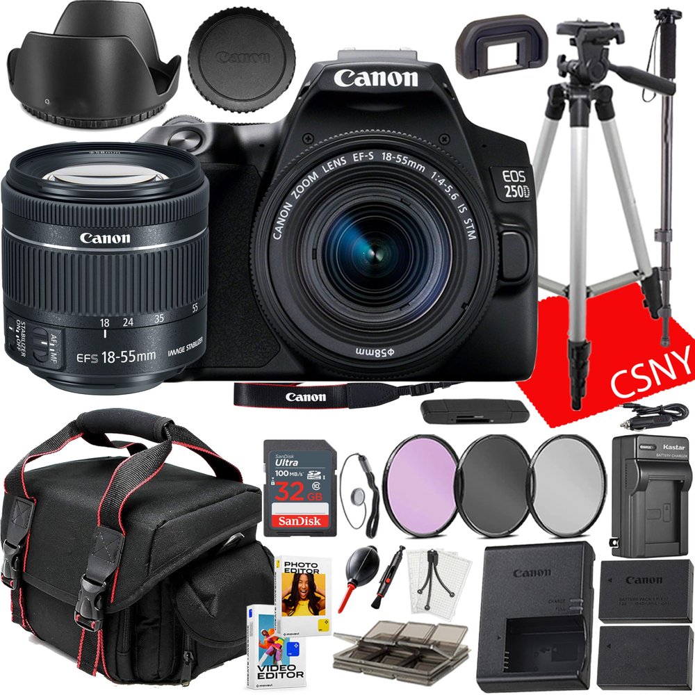 Canon EOS 250D (Rebel SL3) DSLR Camera with 15-55mm Lens + Filters + Tripod + Spare Travel Charger + Mini Tripod + More (22 pc Bundle) (Renewed)