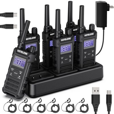 KETELESE T3G Heavy Duty Walkie Talkies Type-C Rechargeable, IP67 Waterproof 2 Way Radios with Earpiece, Adapter, Dock, PTT Group, NOAA, VOX, 6 Pack Walkie Talkie for Adult Black/Grey