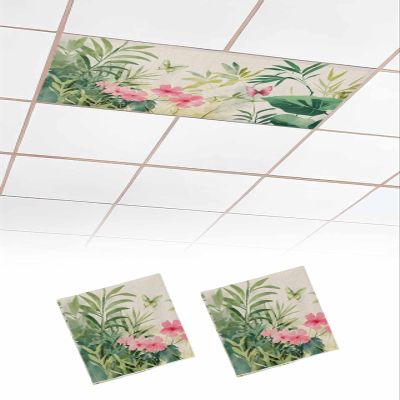 Fluorescent Light Covers for Drop Ceiling Summer Tropical Leaves Plant Magnetic Light Filters, Butterfly Wildflowers on Linen Ceiling Shade Filters for Home Classroom Office,2x4 ft,2Packs