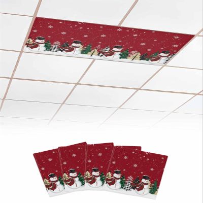 TvonTa Tey Fluorescent Light Covers for Drop Ceiling Cute Snowman Merry Christmas Tree Magnetic Light Filters, Winter Snow Scene on Red Ceiling Shade Filters for Home Classroom Office,2x4 ft,4Packs