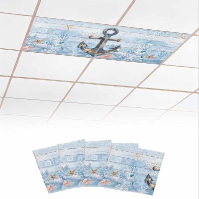 Fluorescent Light Covers for Drop Ceiling Nautical Anchor on Blue Wood Board Magnetic Light Filters, Ocean Underwater Coral Ceiling Shade Filters for Home Classroom Office,2x4 ft,4Packs