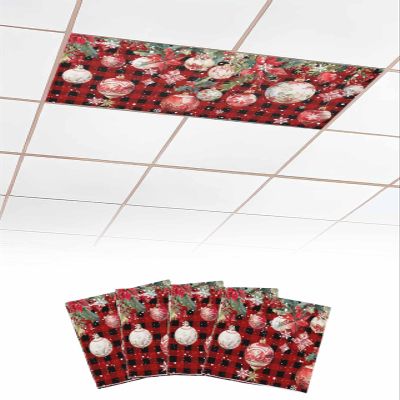 Fluorescent Light Covers for Drop Ceiling Snowflake Christmas Ball Winter Plant Magnetic Light Filters, Poinsettia Leaf Black and Red Ceiling Shade Filters for Home Classroom Office,2x4 ft,4Packs