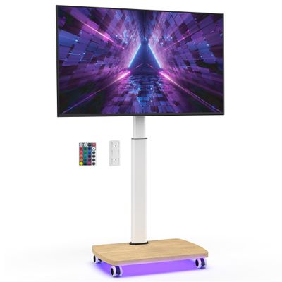 AOKCOS Rolling TV Stand with LED Lights for 43-75 Inch TV, 8-Height Adjustable Mobile TV Stand with 12 Tilt, Wooden Base Floor TV Mounts, Max Load 110lbs, VESA 100x100mm to 600x400mm, White