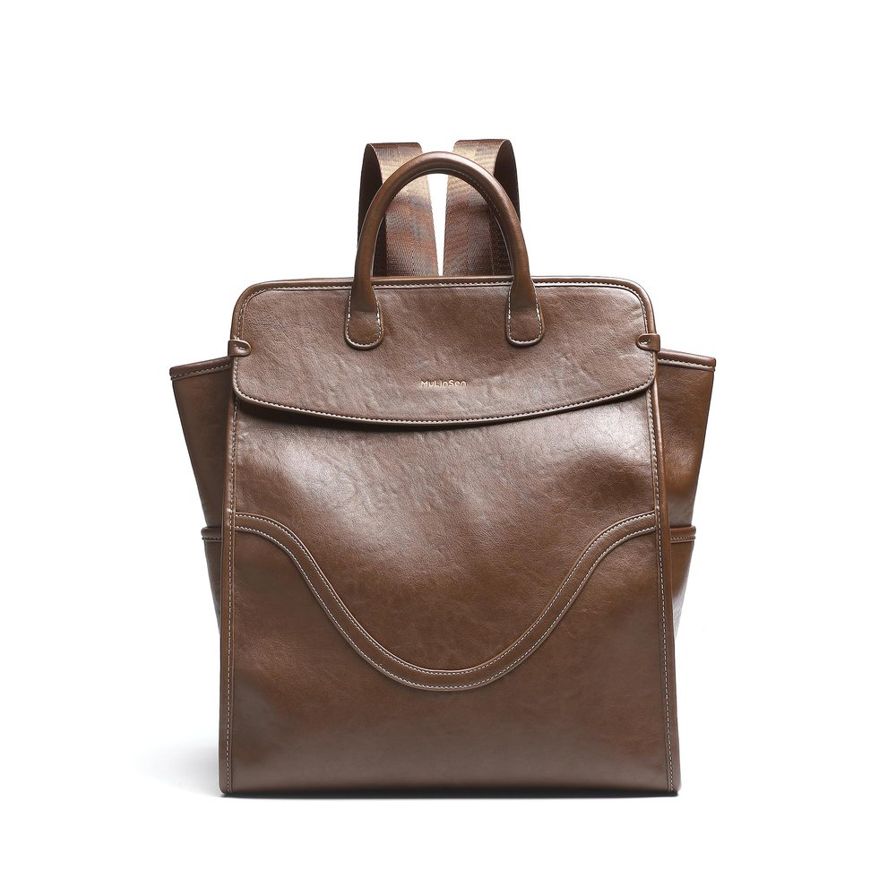 Brown PU Leather Laptop Backpack Purse Vintage Square Flap Daypack for Work