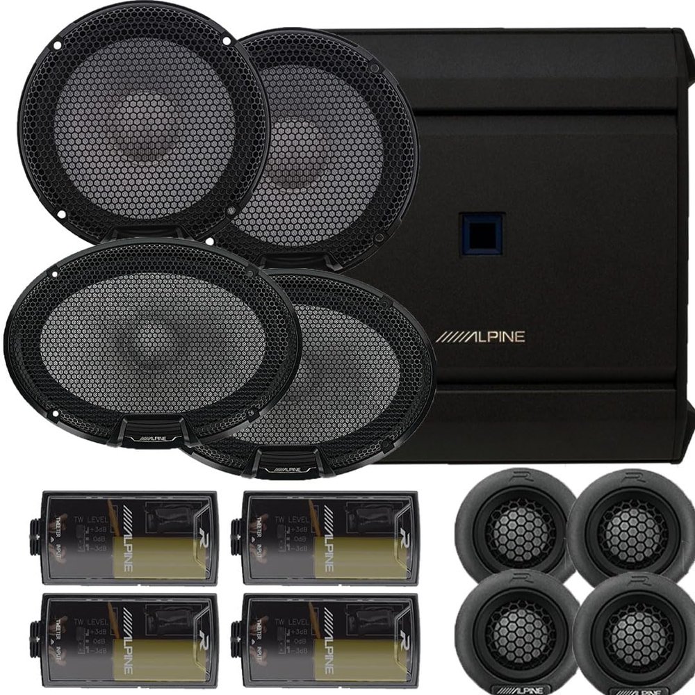 Alpine R Series Speaker Upgrade Package - One Pair of R2-S65C 6.5" 2-Way Component Speakers, One Pair of R2-S69C 6x9 2-Way Component Speakers and 4 Channel S Series Amplifier
