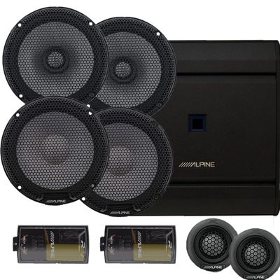 Alpine R Series Speaker Upgrade Package - One Pair of R2-S65 6.5" 2-Way Coaxial Speakers, One Pair of R2-S65C 6.5" 2-Way Component Speakers and 4 Channel S Series Amplifier