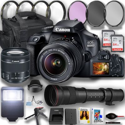 Canon EOS 4000D / Rebel T100 DSLR Camera with 18-55mm Lens and 420-800mm Telephoto Zoom Lens + 2pc 64GB Memory Cards, Flash, Grip Tripod, Case, Filters & More (Renewed)
