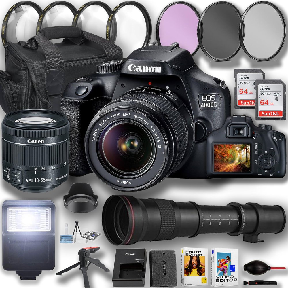 Canon EOS 4000D / Rebel T100 DSLR Camera with 18-55mm Lens and 420-800mm Telephoto Zoom Lens + 2pc 64GB Memory Cards, Flash, Grip Tripod, Case, Filters & More (Renewed)