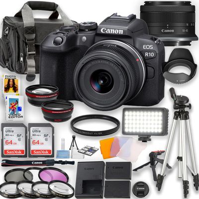 Canon EOS R10 Mirrorless Camera with 18-45mm is STM Lens + LED Video Light, 2pc 64GB Memory Cards, Wideangle and Telephoto Lens, Tripod, Case, Filters & More, Black (Renewed)