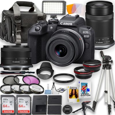 Canon EOS R10 Mirrorless Camera with 18-45mm is STM Lens and 55-210mm STM Lens + LED Video Light, 2pc 64GB Memory Cards, Wideangle and Telephoto Lens, Tripod, Case, Filters & More, Black (Renewed)