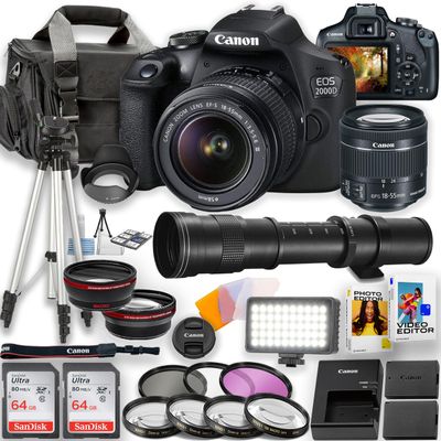 Canon EOS 2000D / Rebel T7 DSLR Camera with 18-55mm Lens and 420-800mm Telephoto Lens + LED Video Light, 2pc 64GB Memory Cards, Editing Software, Tripod, Camera Case, Filters & More, Black (Renewed)