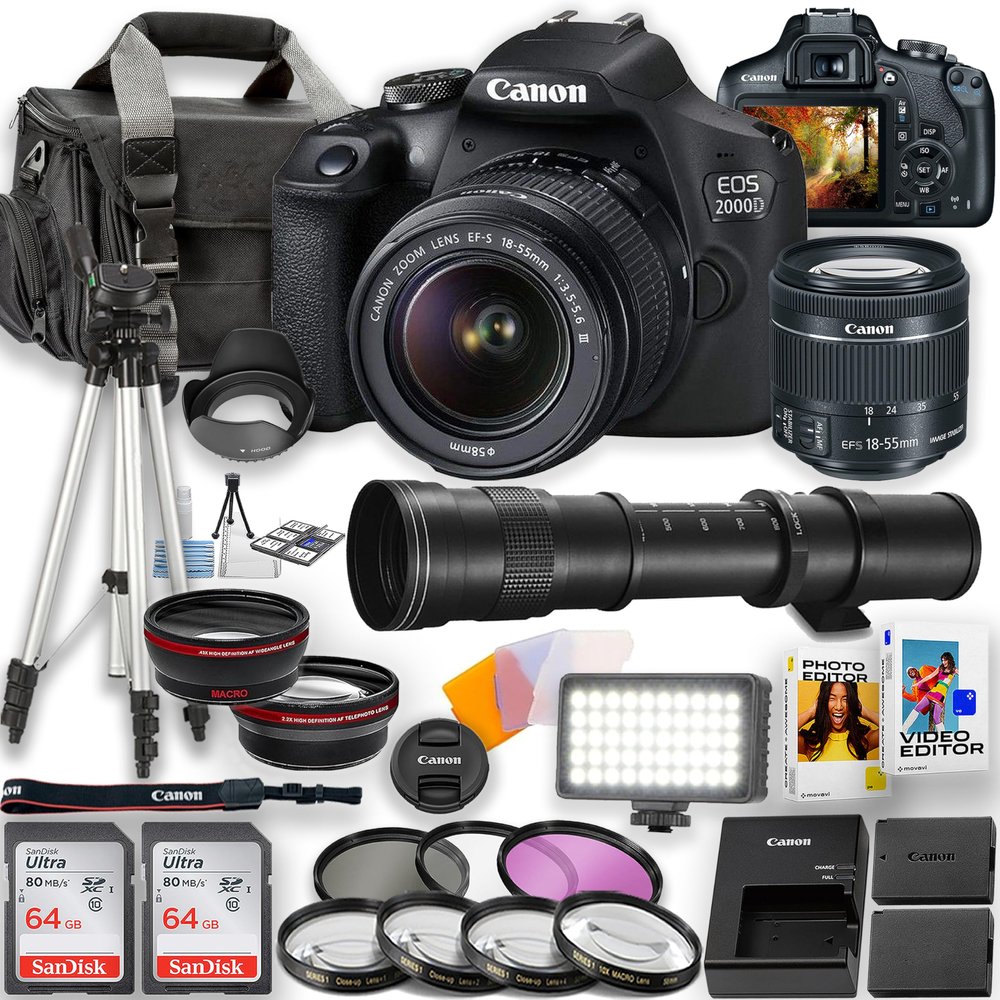 Canon EOS 2000D / Rebel T7 DSLR Camera with 18-55mm Lens and 420-800mm Telephoto Lens + LED Video Light, 2pc 64GB Memory Cards, Editing Software, Tripod, Camera Case, Filters & More, Black (Renewed)