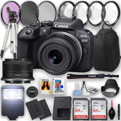 Canon EOS R10 Mirrorless Camera with 18-45mm is STM Lens + Flash, 2pc 64GB Memory Cards, Photo and Video Software, Sling Backpack, Tripod, Filters & More, Black (Renewed)