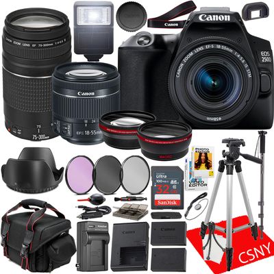 Canon EOS 250D (Rebel SL3) DSLR Camera with 15-55mm Lens + 75-300mm Lens + Pro Series .43 Wide Angle Lens Attachment + More (26 pc Bundle) (Renewed)