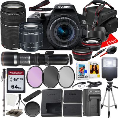 Canon EOS 250D (Rebel SL3) DSLR Camera with 15-55mm Lens + 75-300mm Lens + 500mm f/8.0 Telephoto Lens + 64 GB Memory + Mini Tripod + More (27 pc Bundle) (Renewed)