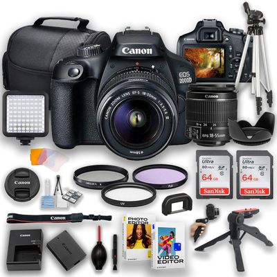 Canon EOS Rebel 2000D / T7 DSLR Camera | 24.1MP | with Canon 18-55mm Lens + LED Video Light + 2pc 64GB Memory, Case, Software Editor, Filters & Tripod Kit, Black (Renewed)