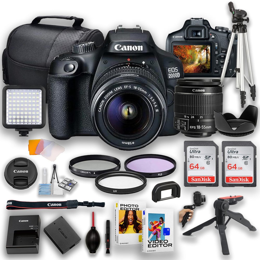 Canon EOS Rebel 2000D / T7 DSLR Camera | 24.1MP | with Canon 18-55mm Lens + LED Video Light + 2pc 64GB Memory, Case, Software Editor, Filters & Tripod Kit, Black (Renewed)