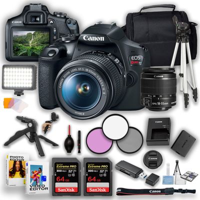 Canon EOS Rebel T7 DSLR Camera |24.1MP| with Canon 18-55mm is II Lens + LED Video Light + 2pc 64GB Memory, Case, Software Editor, Filters & Tripod Kit, Black (Renewed)