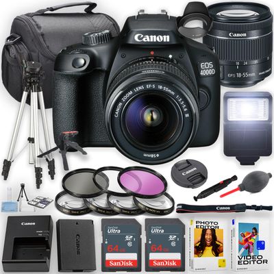 Canon EOS 4000D / Rebel T100 DSLR Camera with 18-55mm Lens + Flash + 2pc 64GB Memory Cards, Tripod, Case, Filters & More, Black (Renewed)