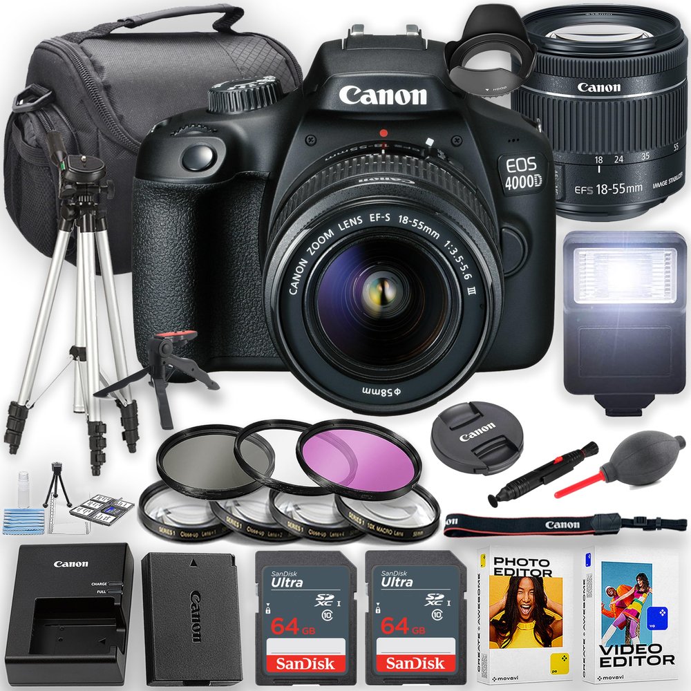 Canon EOS 4000D / Rebel T100 DSLR Camera with 18-55mm Lens + Flash + 2pc 64GB Memory Cards, Tripod, Case, Filters & More, Black (Renewed)