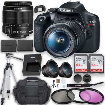 Canon EOS Rebel T7 DSLR Camera with EF-S 18-55mm f/3.5-5.6 is II Lens + 2pc 64GB Memory Cards + Case + Tripod + Filters & More (Renewed)