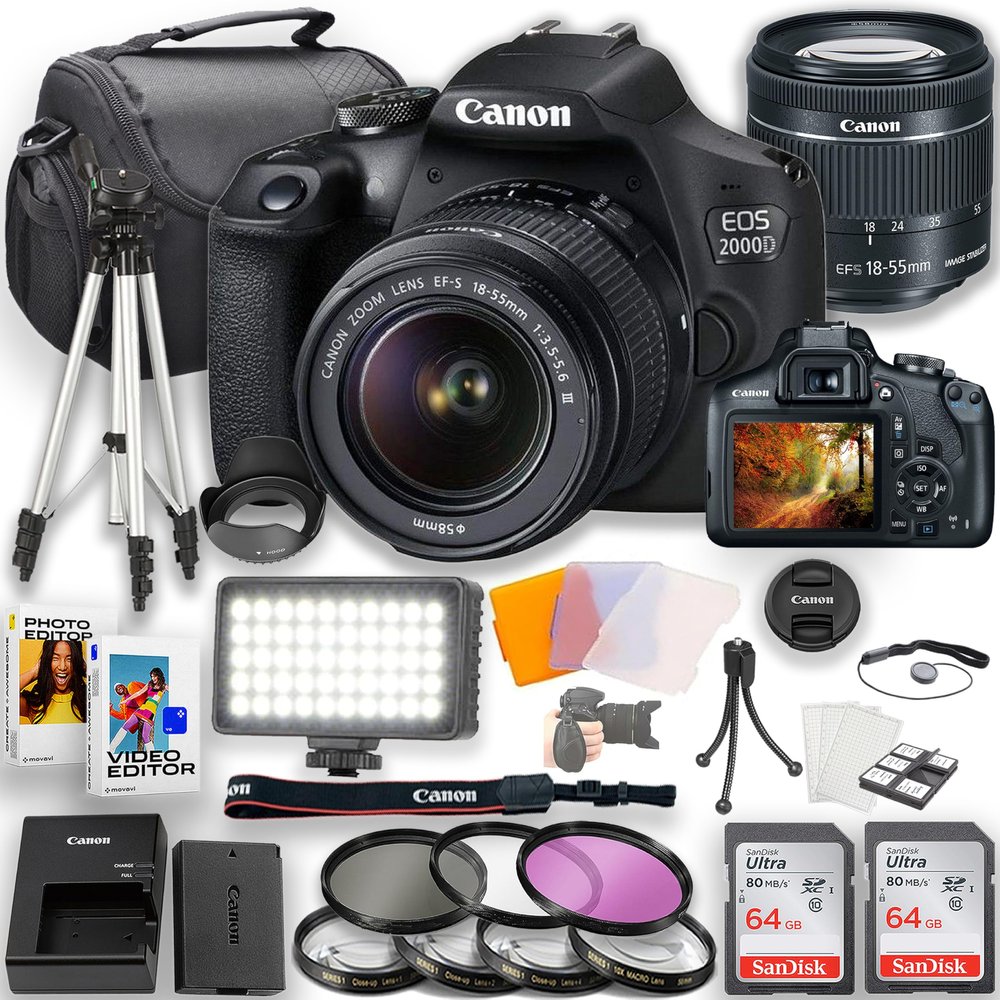Canon EOS 2000D / Rebel T7 DSLR Camera with 18-55mm Lens and LED Video Light + 2pc 64GB Memory Cards, Tripod, Case, Filters & More, Black (Renewed)