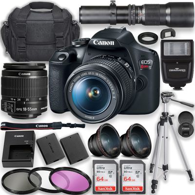 Canon EOS Rebel T7 DSLR Camera with EF-S 18-55mm f/3.5-5.6 is II Lens & 500mm f/8 Manual Telephoto Lens + Flash + 2pc 64GB Memory Cards + Case + Tripod + Filters & More (Renewed)