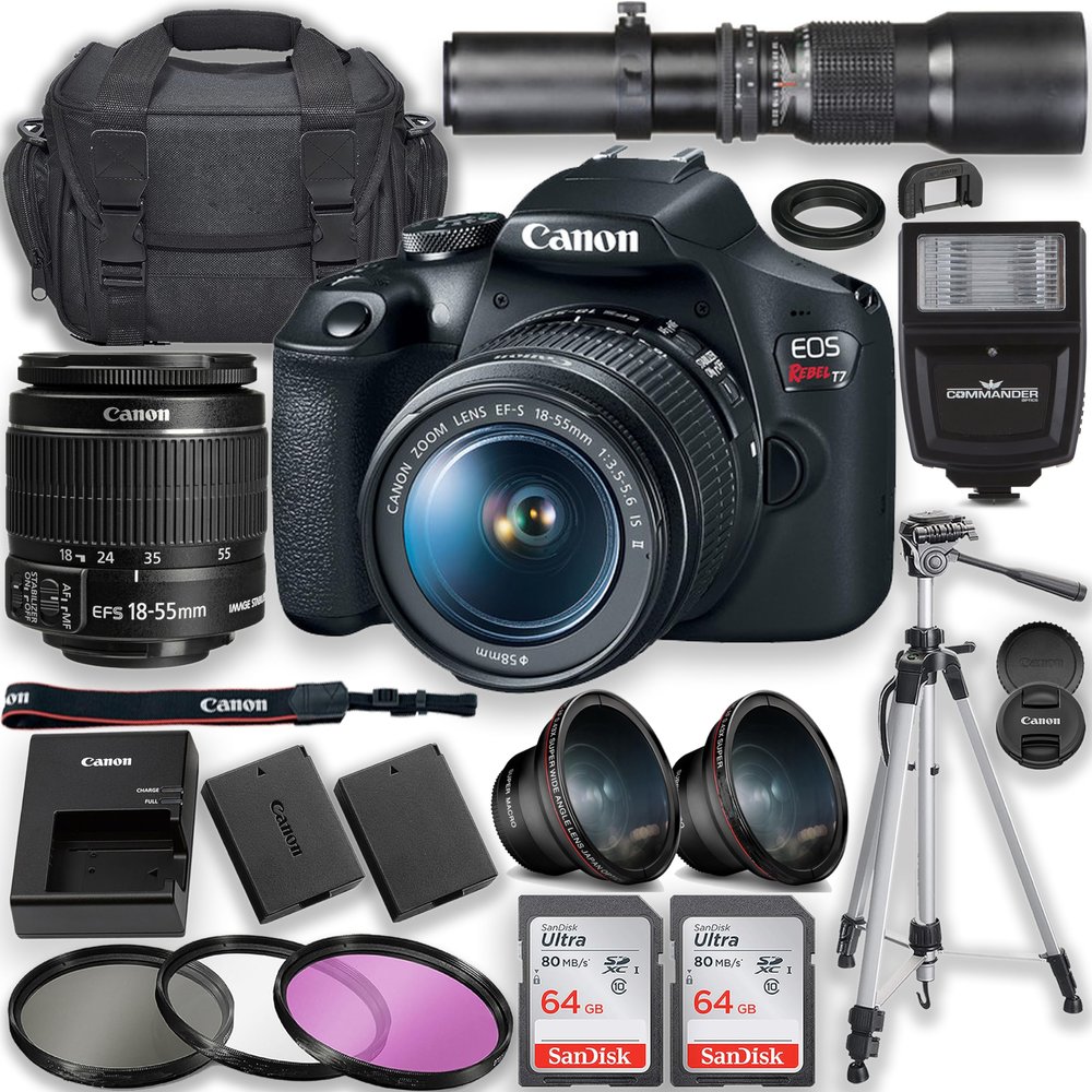 Canon EOS Rebel T7 DSLR Camera with EF-S 18-55mm f/3.5-5.6 is II Lens & 500mm f/8 Manual Telephoto Lens + Flash + 2pc 64GB Memory Cards + Case + Tripod + Filters & More (Renewed)