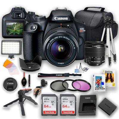 Canon EOS Rebel T100 DSLR |18MP| with Canon 18-55mm III Lens + LED Video Light + 2X 64GB Memory, Case, Software Editor, Filters & Tripod Kit, Black (Renewed)