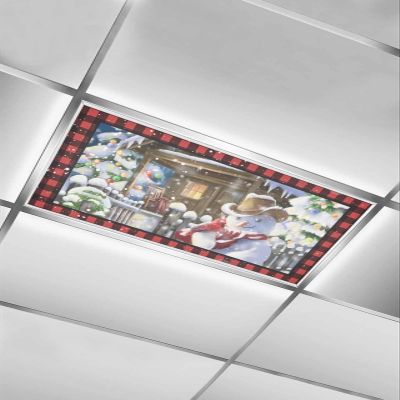 EwdeWwo Christmas Snowman 1 Pcs Fluorescent Light Covers for Ceiling Lights, Winter Wooden House Snowy Magnetic Light Filters for Eliminate Harsh Glare Classroom Office Decoration, 4 x 2 Ft