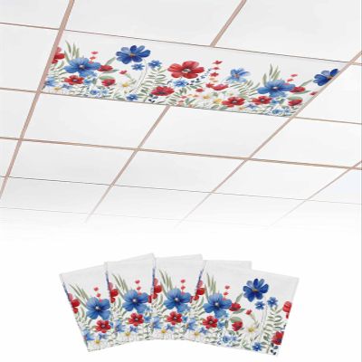 EwdeWwo Floral 4 Pcs Fluorescent Light Covers for Ceiling Lights, Patriotic Red Blue Flowers Leaves Magnetic Light Filters for Eliminate Harsh Glare Classroom Office Decoration, 4 x 2 Ft