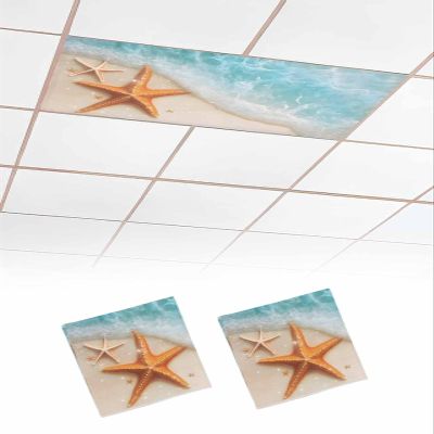 Ocean 2 Pcs Fluorescent Light Covers for Ceiling Lights, Beach Starfish Magnetic Light Filters for Eliminate Harsh Glare Classroom Office Decoration, 4 x 2 Ft