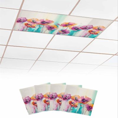 EwdeWwo Floral 4 Pcs Fluorescent Light Covers for Ceiling Lights, Spring Nature Plant Flowers Watercolor Style Magnetic Light Filters for Eliminate Harsh Glare Classroom Office Decoration, 4 x 2 Ft