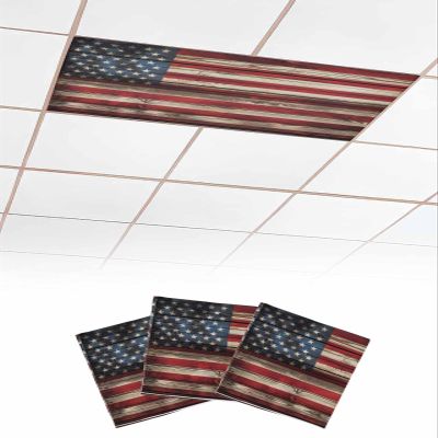 4th of July 3 Pcs Fluorescent Light Covers for Ceiling Lights, Patriotic Retro Stars and Stripes Wood Board Magnetic Light Filters for Eliminate Harsh Glare Classroom Office Decoration, 4 x 2 Ft