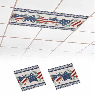 4th of July 2 Pcs Fluorescent Light Covers for Ceiling Lights, USA Patriotic Stars and Eucalyptus Leaf Independence Day Magnetic Light Filters for Eliminate Harsh Glare Classroom Decoration, 4x2 Ft