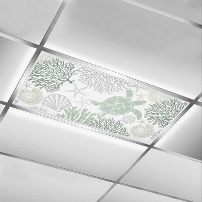 EwdeWwo Ocean 1 Pcs Fluorescent Light Covers for Ceiling Lights, Sage Green Sea Turtle Coral Starfish Magnetic Light Filters for Eliminate Harsh Glare Classroom Office Decoration, 4 x 2 Ft