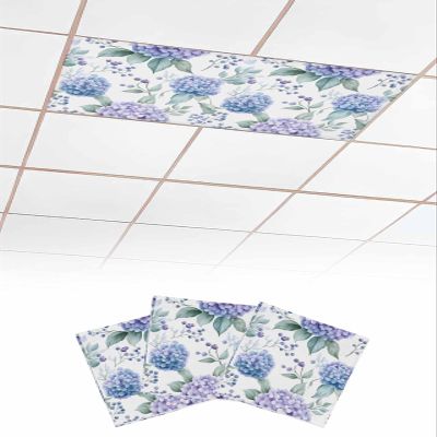 EwdeWwo Floral 3 Pcs Fluorescent Light Covers for Ceiling Lights, Hydrangea Eucalyptus Leaves Magnetic Light Filters for Eliminate Harsh Glare Classroom Office Decoration, 4 x 2 Ft