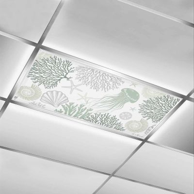 EwdeWwo Ocean 1 Pcs Fluorescent Light Covers for Ceiling Lights, Gray Green Jellyfish Coral Starfish Magnetic Light Filters for Eliminate Harsh Glare Classroom Office Decoration, 4 x 2 Ft