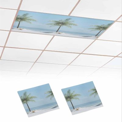 EwdeWwo Summer 2 Pcs Fluorescent Light Covers for Ceiling Lights, Palm Tree Beach Blue Sky Magnetic Light Filters for Eliminate Harsh Glare Classroom Office Decoration, 4 x 2 Ft