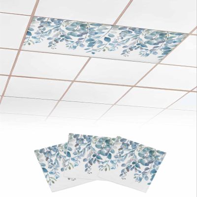 EwdeWwo Plants 3 Pcs Fluorescent Light Covers for Ceiling Lights, Eucalyptus Leaves Blue Natural Magnetic Light Filters for Eliminate Harsh Glare Classroom Office Decoration, 4 x 2 Ft