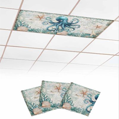 Octopus 3 Pcs Fluorescent Light Covers for Ceiling Lights, Ocean Vintage Starfish Coral Magnetic Light Filters for Eliminate Harsh Glare Classroom Office Decoration, 4 x 2 Ft