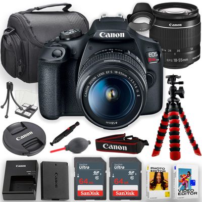 Canon EOS Rebel T7 DSLR Camera with EF-S 18-55mm f/3.5-5.6 is II Lens + 2pc 64GB Memory Cards, Tripod, Case, Software Editor & More (Vlogger Kit), Black (Renewed)