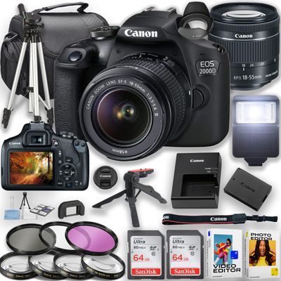 Canon EOS 2000D / Rebel T7 DSLR Camera with 18-55mm Lens + Slave Flash, 2pc 64GB Memory Cards, Tripod, Case, Filters & More (Renewed)
