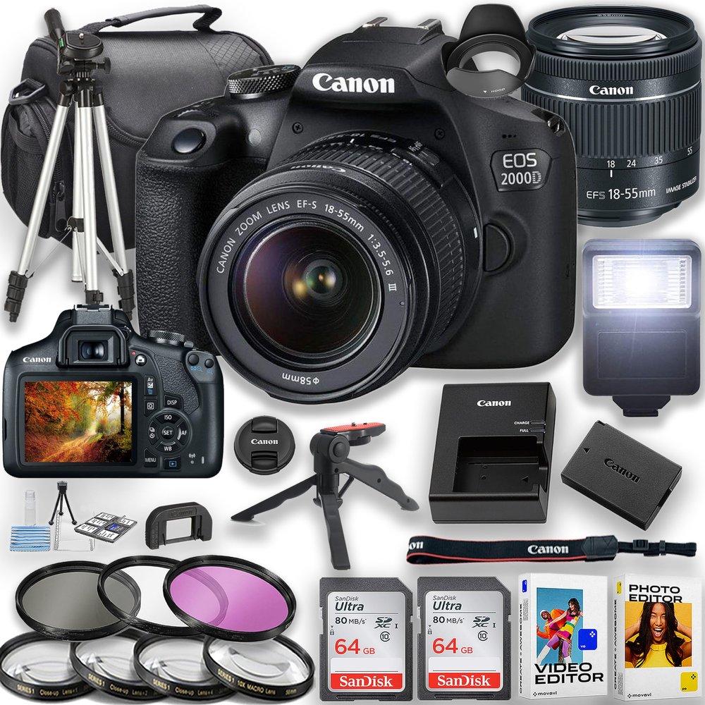 Canon EOS 2000D / Rebel T7 DSLR Camera with 18-55mm Lens + Slave Flash, 2pc 64GB Memory Cards, Tripod, Case, Filters & More (Renewed)