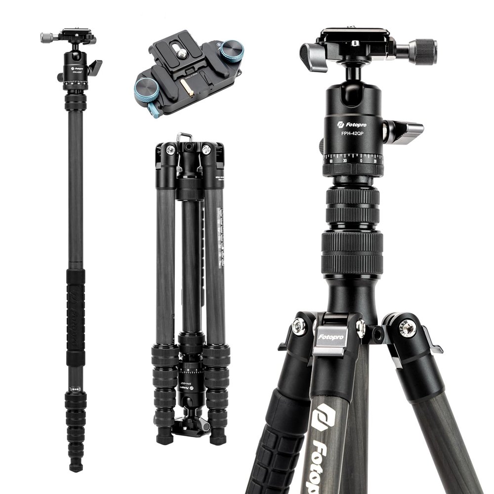 Fotopro Carbon Fiber Travel Tripod Bundle with Backpack Strap Camera Mount
