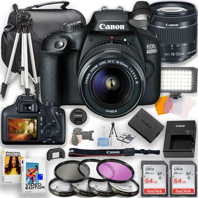 Canon EOS 4000D / Rebel T100 DSLR Camera with 18-55mm Lens + LED Video Light + 2pc 64GB Memory Cards, Tripod, Case, Filters & More, Black (Renewed)