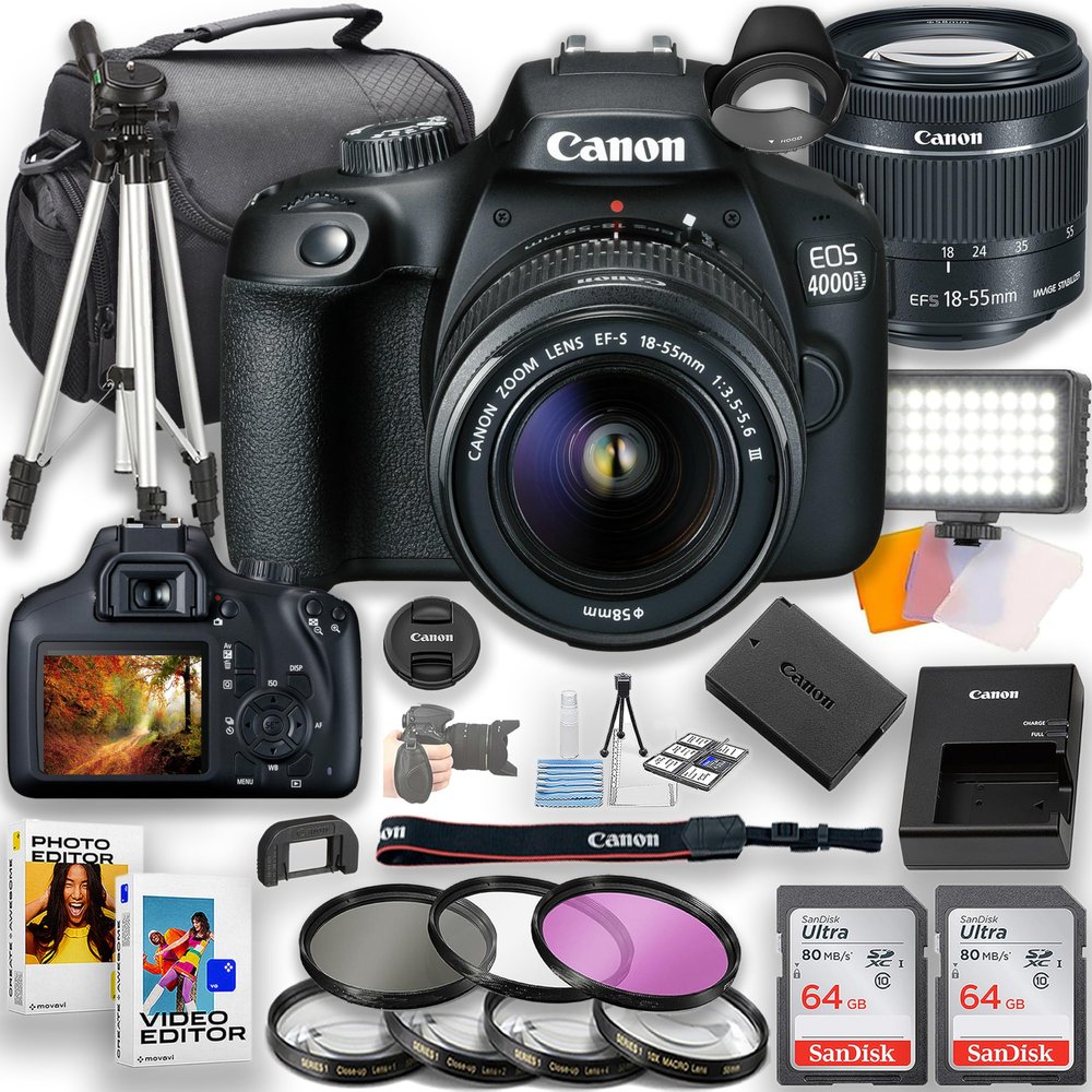 Canon EOS 4000D / Rebel T100 DSLR Camera with 18-55mm Lens + LED Video Light + 2pc 64GB Memory Cards, Tripod, Case, Filters & More, Black (Renewed)